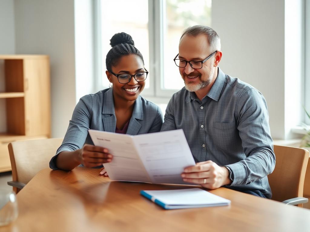 A support professional and an adult reviewing personal goals together at a table